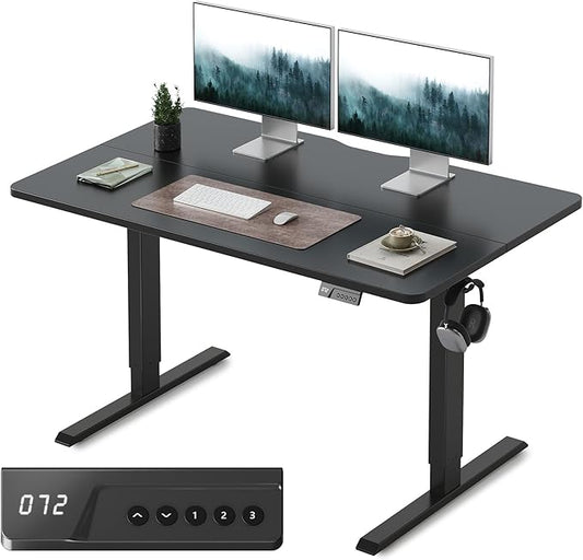 FEZIBO Standing Desk, 55×28 Inches Electric Height Adjustable, Sit Stand Up, Computer Office Desk with Splice Board, Black Frame/Black TOP