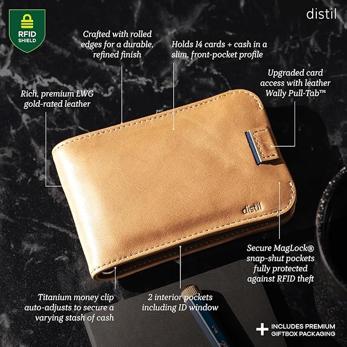 Distil Union Wally Bifold 5.0 Premium RFID Wallet with Titanium Money Clip - Slim Bifold Wallet for Men, Full Grain Leather, Minimalist RFID Card Holder - Holds 14 Cards & 30 Bills - Vege-Tan