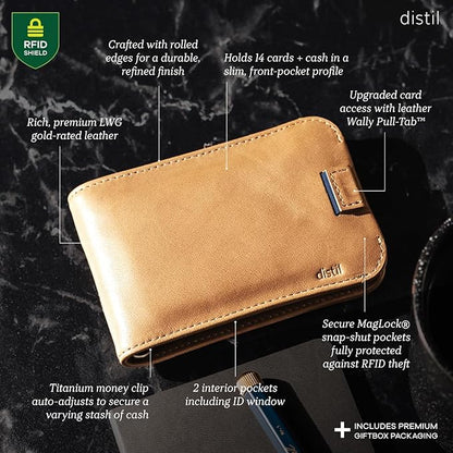 Distil Union Wally Bifold 5.0 Premium RFID Wallet with Titanium Money Clip - Slim Bifold Wallet for Men, Full Grain Leather, Minimalist RFID Card Holder - Holds 14 Cards & 30 Bills - Vege-Tan