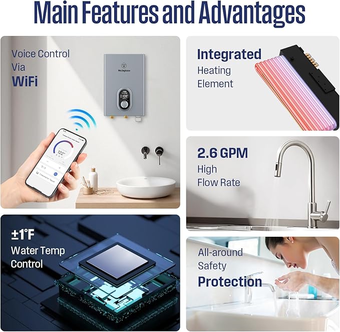 Westinghouse 11kW 240V Tankless Water Heater Electric, Up to 2.6 GPM Instant Hot Water Heater, 1-3 Point of Use Hot Water, Wi-Fi Enabled, APOLO-11k