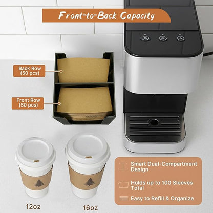 Aolamegs Coffee Cup Sleeve Holder Dispenser - Black Acrylic 2 Compartment Vertical Organizer, Slim Front-to-Back Design Saves Counter Space, Holds 100 Sleeves for Home, Office&Coffee Station(5.39" W)