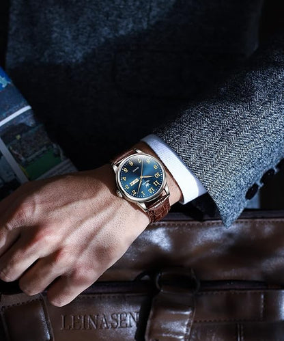 OLEVS Mens Watches Vintage Leather Band Dress Classic Easy Reader Arabic Numerals Analog Quartz Waterproof Date and Day Blue/Black/White Large Face Men's Wrist Watches