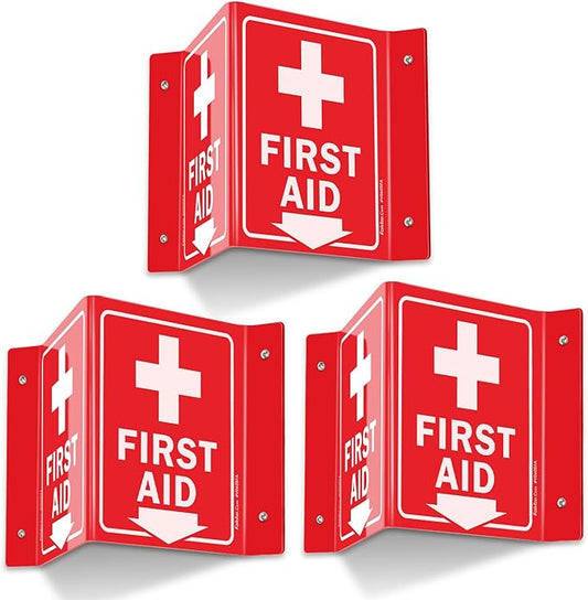 Faittoo First Aid Sign, 3 Pack First Aid with Cross Symbol - 6 x 8 Inches V-Shaped Acrylic Plastic, 4 Pre-Drilled Holes, Includes Matching Screws, Use for Home Office/Business