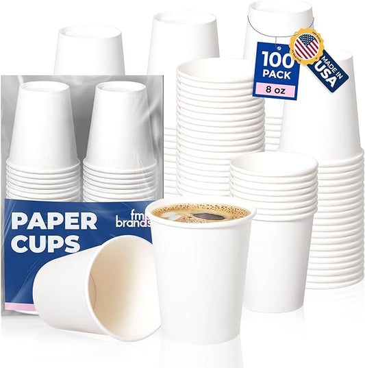 Fit Meal Prep 100 Pack 8 oz Disposable Paper Coffee Cups, Premium White Hot Cups for Hot/Cold Beverage, Durable Thickened Paper Cup Bulk for Party, Daily Use, Office, Home, Bistros