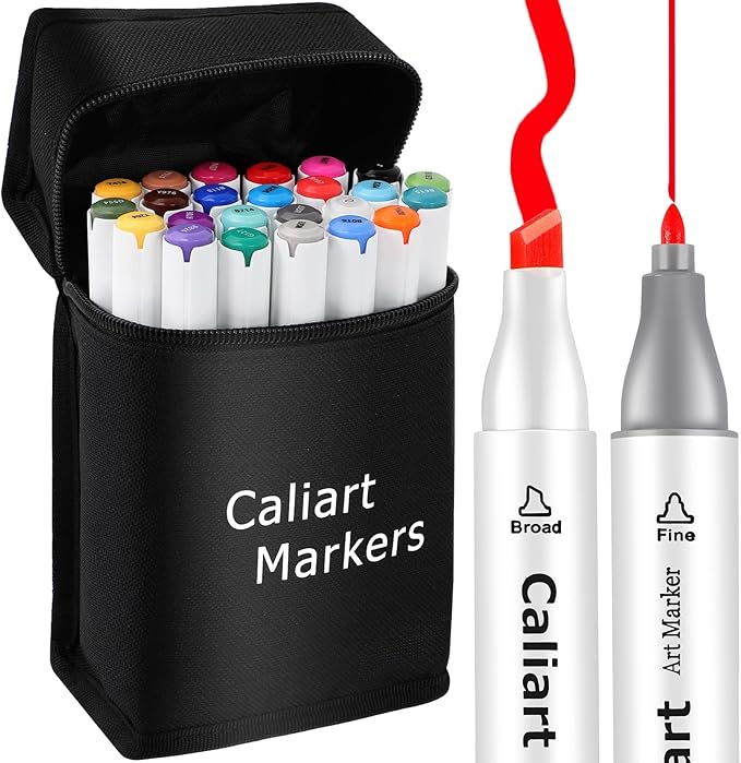 Caliart Alcohol Markers, 24 Colors Art Marker Set Fine & Chisel Dual Tip, Permanent Colored Pens for Adults Coloring Book Artists Illustration Sketch Lettering Drawing Cards Planner