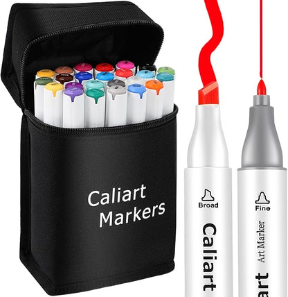 Caliart Alcohol Markers, 24 Colors Art Marker Set Fine & Chisel Dual Tip, Permanent Colored Pens for Adults Coloring Book Artists Illustration Sketch Lettering Drawing Cards Planner