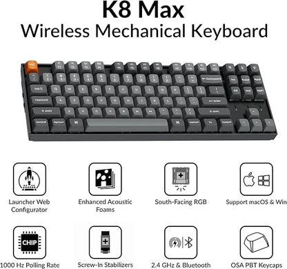 Keychron K8 Max Wireless Mechanical Gaming Keyboard, TKL Layout QMK 2.4 GHz/Bluetooth 5.1/Wired Tri-Mode Connection, RGB with Keychron Super Red Switch Compatible with Mac Windows Linux