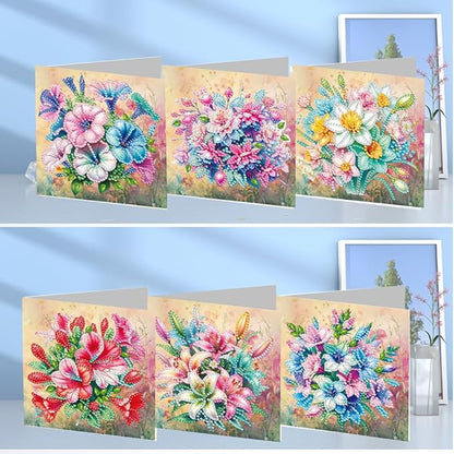 6pcs DIY Bouquet Diamond Art Painting Greeting Cards Kit, Rhinestone Art Holiday Birthday Card Set with Envelopes, DIY Festival Craft for Girlfriend, Christmas Valentine Gift Making Supplies