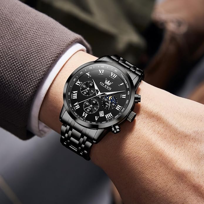 OLEVS Mens Stainless Steel Chronograph Watch, Big Face Roman Numerals Date Analog Quartz Dress Watches for Men, Fashion Multifunctional Waterproof Luminous Hands Men's Wristwatch