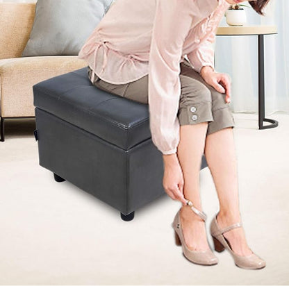 H&B Luxuries Tufted Leather Square Flip Top Storage Ottoman Cube Foot Rest (Grey with Storage)