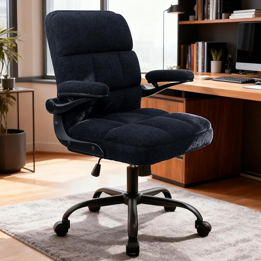 Office Chair with Wheels, Ergonomic Home Office Computer Chair with Flip-up Armrest, Adjustable Rolling Desk Chair Teddy Fleece – Dark Blue