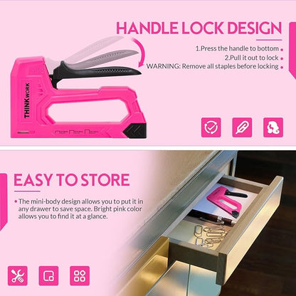 THINKWORK Light Duty Staple Gun, Pink Upholstery Staple Gun for Wood with 1600pcs JT21 Staples 1/4", 5/16", 3/8" and Staple Remover, Women Fabric Stapler Gun for Crafts, Wall, Arts, DIY, Decoration