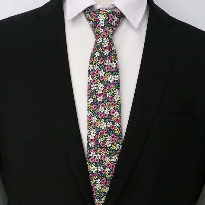 Cotton Floral Ties for Men 2.76" Men's Skinny Tie Linen Flower Printed Neck Tie for Wedding Dating Party
