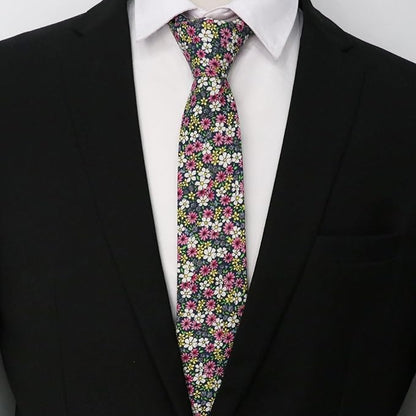 Cotton Floral Ties for Men 2.76" Men's Skinny Tie Linen Flower Printed Neck Tie for Wedding Dating Party