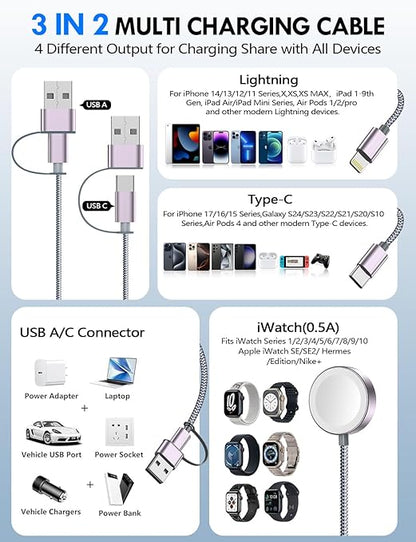 2Pack Multi Charging Cable Cord for Travel Essentials,Apple Watch Charger,iPhone Charger,[3-in-2] Type C/Lightning Cable Portable Designed for iWatch,iPhone 17-8,Galaxy S25-21,AirPods,iPad-1.8M Gray