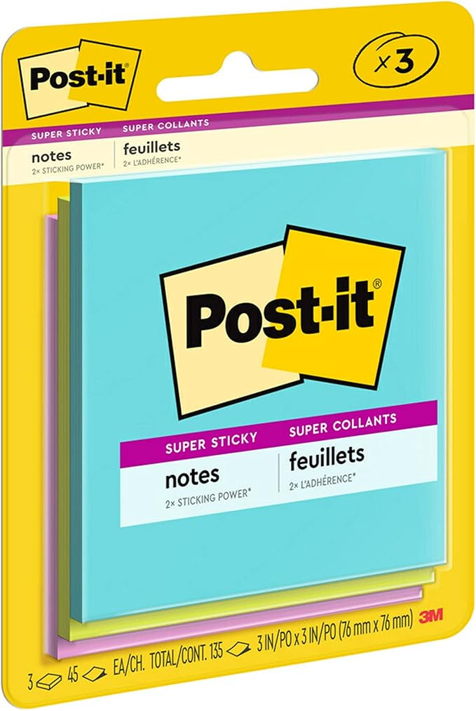 Post-it Super Sticky Notes, 3x3 in, 3 Pads, 2X The Sticking Power, Supernova Neons, Bright Colors, Recyclable (3321-SSMIA)