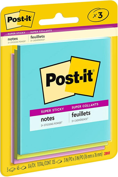 Post-it Super Sticky Notes, 3x3 in, 3 Pads, 2X The Sticking Power, Supernova Neons, Bright Colors, Recyclable (3321-SSMIA)