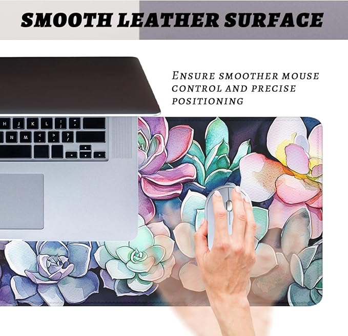 Succulent Plants Desk Pad Mouse Pad Colorful Floral Botanical Art Extended Gaming Mouse Pad Mat with Stitched Edge Non-Slip Base Big Mousepad 31.5"x11.8"