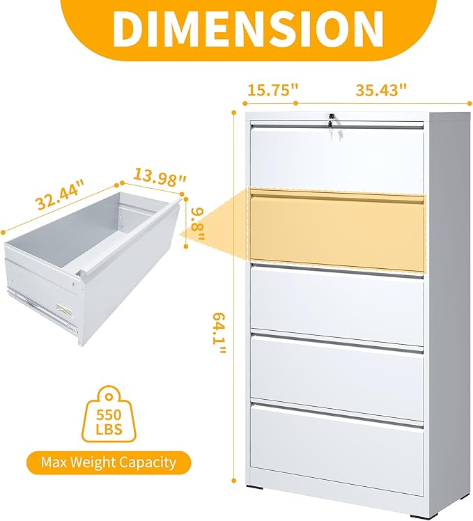 File Cabinet with Lock, 5 Drawer Lateral Filing Cabinet for Home Office, White Metal Heavy Duty File Cabinets for Hanging Letter/Legal/F4/A4 Size Files, Assembly Required