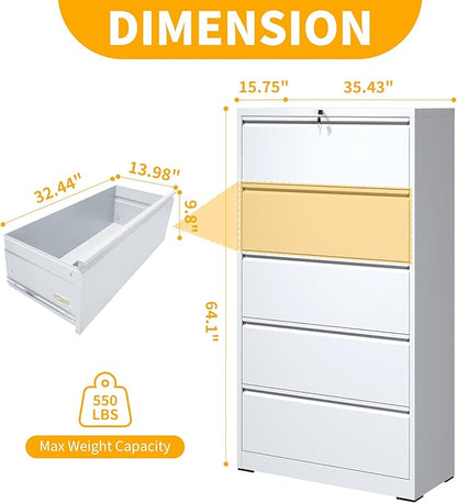 File Cabinet with Lock, 5 Drawer Lateral Filing Cabinet for Home Office, White Metal Heavy Duty File Cabinets for Hanging Letter/Legal/F4/A4 Size Files, Assembly Required