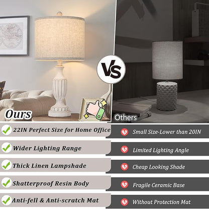 TOBUSA 22“ Farmhouse Table Lamps Set of 2, White Rustic Vintage Table Lamps for Living Room Bedroom, Antique Bedside Desk Lamps with Linen Shade, Traditional Resin Nightstand Lamp Sets for End Table