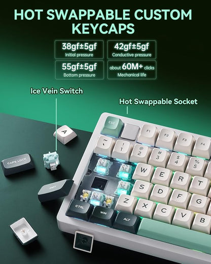 LEOBOG HI75C Pro Gaming Keyboard, RGB Backlit Bluetooth/USB-C/Wireless Mechanical Keyboard, Hot Swappable Creamy Keyboards for PC/MAC/Windows Gamer - Ice Vein Switch, Green