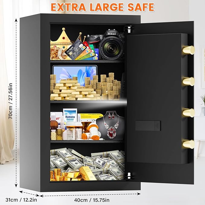 27.56'' Tall Fireproof Safe Box, 6.1 Cuft Home Safety Box with Fireproof Waterproof Bag, Anti-Theft Security Document Safe with Combination Lock & Removable Shelf, Large Safes for Home Cash Medicine