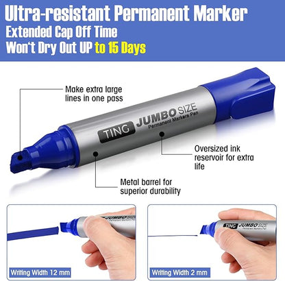 Fuutreo 32 Pcs Jumbo Permanent Markers Bulk Large Chisel Tip Permanent Markers Waterproof Jumbo Pens Quick Drying Office Teacher Supplies(Blue)