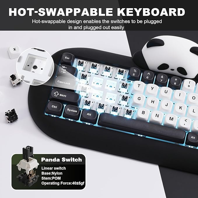 YUNZII C68 Panda Wireless Mechanical Gaming Keyboard, 68 Keys Cute Layout with PBT Keycaps,RGB Backlit, Hot Swappable,Creamy Switches,BT5.0/2.4G/Wired for Win/Mac(Black,Panda Switch)