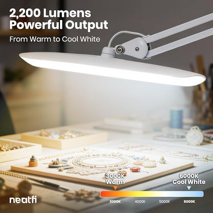 Neatfi XL LED Desk Lamp with Clamp, 2200 Lumens, 20W, 20-Inch Wide Head, Dimmable 4 Brightness Levels, 3 Color Modes 3000K–6000K, Task Light for Home Office, Crafts, Workbench (CCT, White)