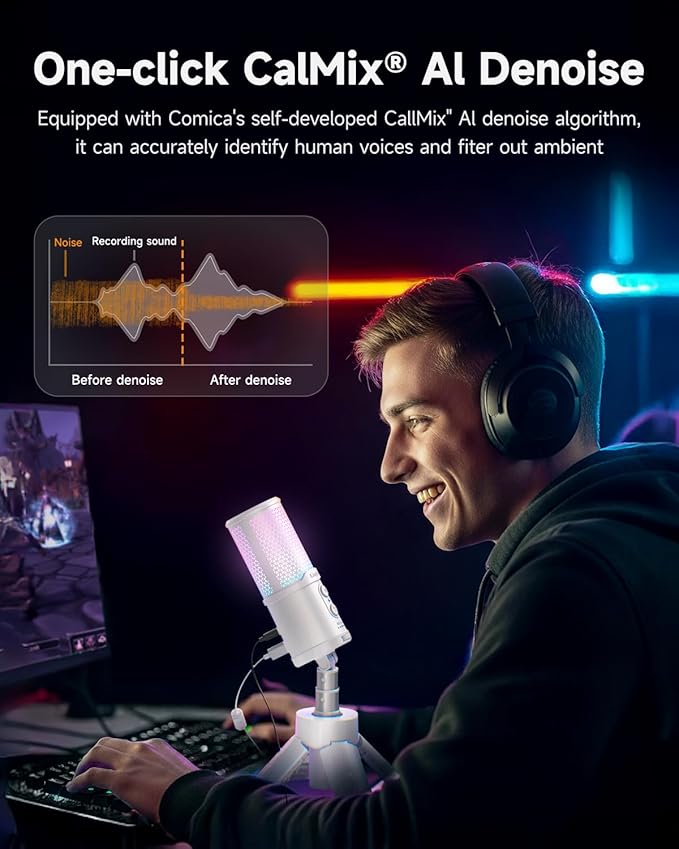 COMICA Ejoy UNI S USB Gaming Microphone for PC, RGB Cardioid Condenser Mic with Tripod Stand, 48kHz/24bit, Noise Cancellation, Streaming Mic for Recording, Podcast, Twitch, Discord, Computer, PS5, PS4