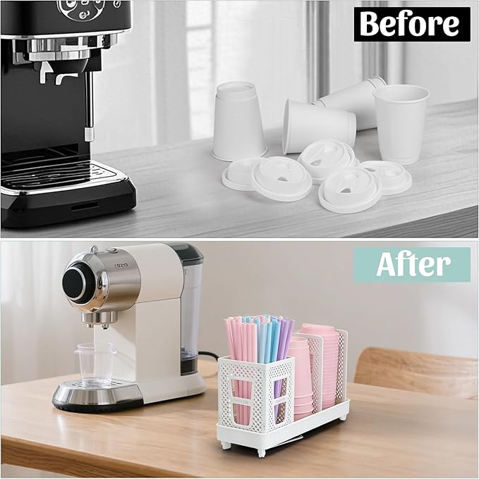 Coffee Cup Dispenser with Straws Holder, Plastic Coffee Cup and Lid Holder, 5-20oz Disposable Paper Cups Organizer for Countertop, Station, Bar, Office, Restaurant, Breakroom (White)