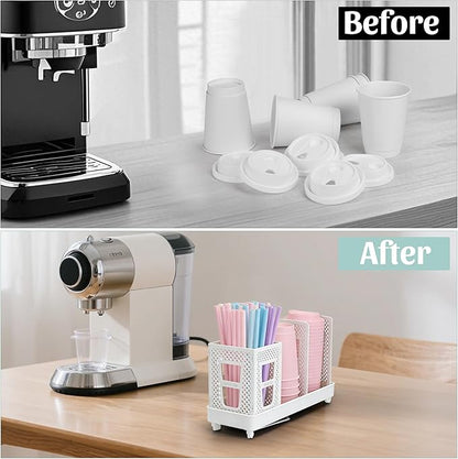Coffee Cup Dispenser with Straws Holder, Plastic Coffee Cup and Lid Holder, 5-20oz Disposable Paper Cups Organizer for Countertop, Station, Bar, Office, Restaurant, Breakroom (White)