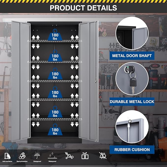 Metal 71' Tall File Cabinet with Lockable Doors and 5 Adjustable Shelves - Black&Gray Steel Storage Cabinet for Home, School, Office, Garage