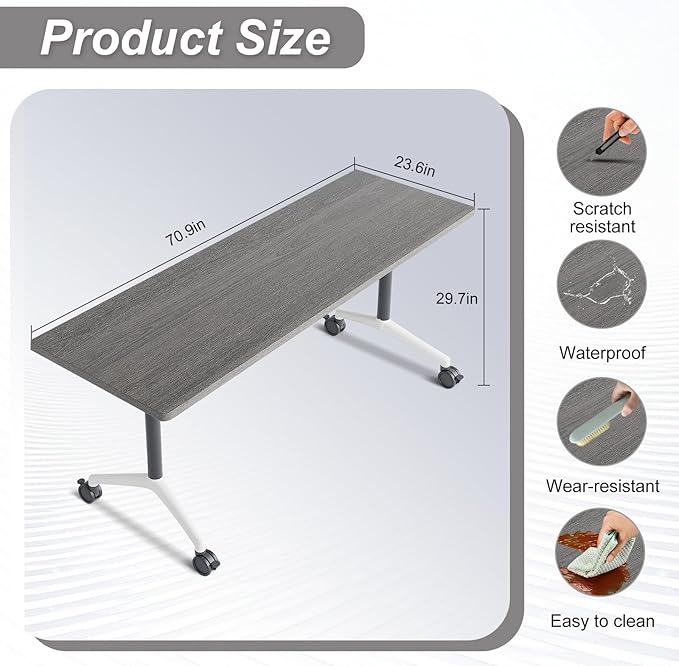 Folding Conference Table,Conference Table with Wheels,Large Flip-Top Training Table,Freely Combinations,Easy to Move for Offices, Schools,Training Rooms（6,Gray,71in