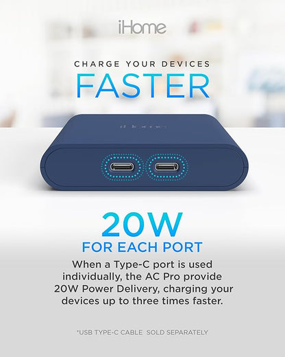 iHome Multiport 40W USB-C Charger, AC Pro 2-Port Flat Block, Dual Fast Charging Wall Adapter