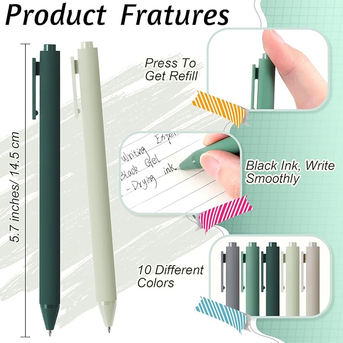 Crtiin 100 Pcs Gel Ink Pens Bulk, Black Ink 0.5mm Fine Point Retractable Pen Smooth Writing Office School Supplies for Teacher Server Operation Christmas Charity Donation Thanksgiving (Green Series)