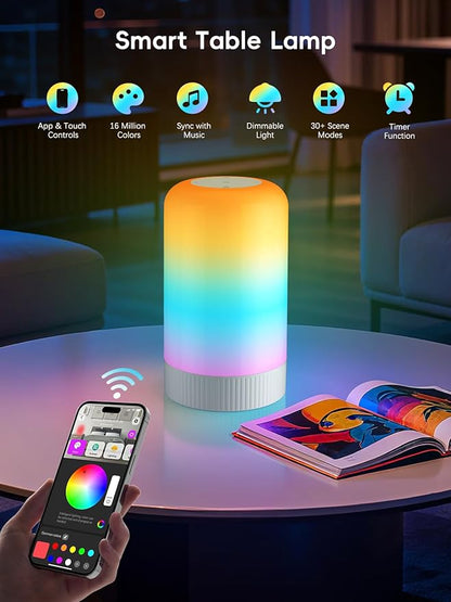 RGBICWW Smart Table Lamp, Touch Bedside Table Lamp with App Control, LED Desk Lamp with Music Sync, 30+ Scenes & 16M Colors, Color Changing Lamp for Bedroom Living Room Dimmable Night Light, White