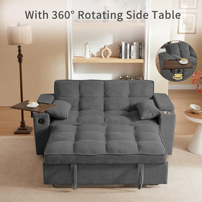 65'' Convertible Sleeper Sofa Bed with Adjustable Backrest, Chaise Lounge, Side Table & USB/Type-C Ports – Stylish & Functional Addition to Any Living Room (Dark Grey Sofa Bed)