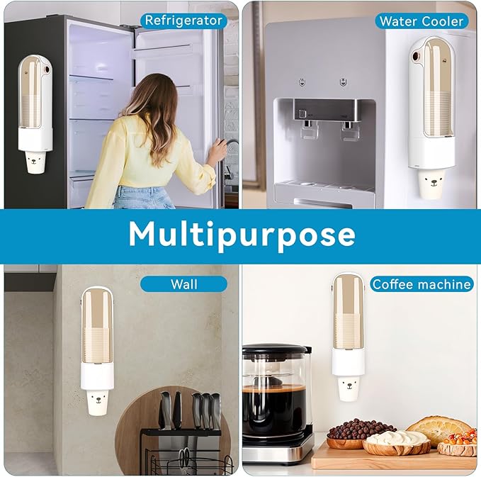 Cup Dispenser, Disposable Cup Holder for 5-7 oz Paper Cups and Plastic Cups, Wall Mount Water Cooler Cup Holder for Bathroom Office Home Gym, Pull Type Water Cup Dispenser with Clear Window - White