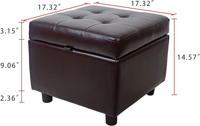 H&B Luxuries Tufted Leather Square Flip Top Storage Ottoman Cube Foot Rest (Brown with Storage)