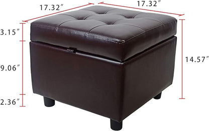H&B Luxuries Tufted Leather Square Flip Top Storage Ottoman Cube Foot Rest (Brown with Storage)