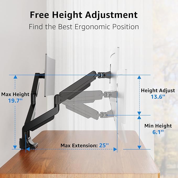 MOUNTUP Dual Monitor Mount fits 42 40 39 37 34 32 27 inch Ultrawide Screen, Holds 6.6-33lbs, Dual Monitor Arm Desk Mount, Heavy Duty Gas Spring Monitor Stand for 2 Monitors, with Clamp/Grommet Base