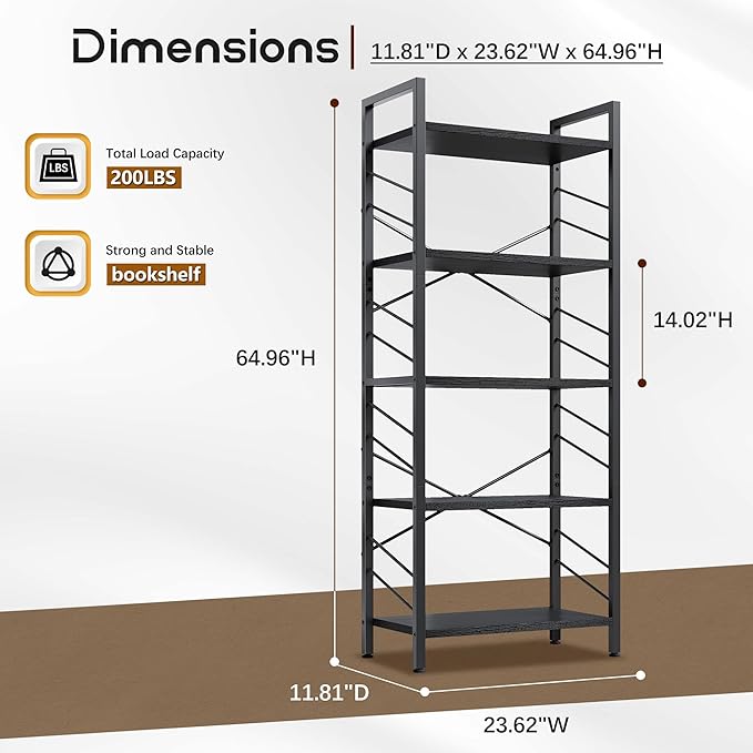 5 Tier Bookshelf, Industrial Tall Bookcase, Modern Display Shelves with Metal Frame and Sidebars for Bedroom, Living Room and Home Office, Black