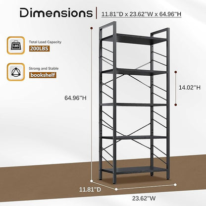 5 Tier Bookshelf, Industrial Tall Bookcase, Modern Display Shelves with Metal Frame and Sidebars for Bedroom, Living Room and Home Office, Black