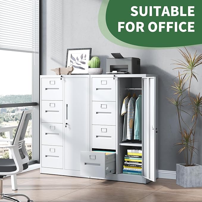 4-Drawer Vertical File Cabinet with Lock & 1 Door,File Cabinet with Storage Shelves for A4/Legal/Letter, White, Assembly Required