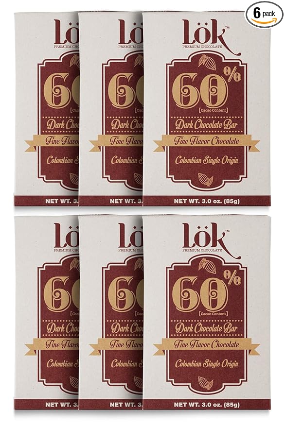 Lok Dark Chocolate Bar 60% Cacao | Fair Trade, Non GMO, Kosher, Gluten Free, Vegan, Bean-to-Bar, Paleo, Ethically Sourced Lök | 3.0 Ounce 6 Pack