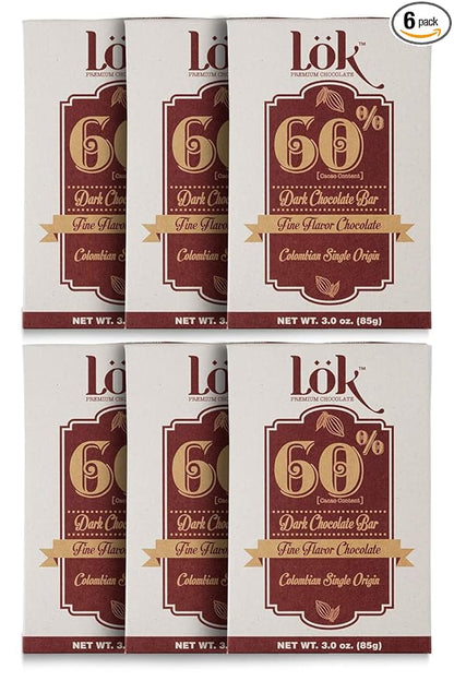 Lok Dark Chocolate Bar 60% Cacao | Fair Trade, Non GMO, Kosher, Gluten Free, Vegan, Bean-to-Bar, Paleo, Ethically Sourced Lök | 3.0 Ounce 6 Pack