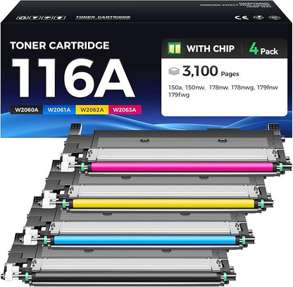 116A Toner Cartridge Set 4-Pack Black Cyan Yellow Magenta High Yield Replacement for HP 116A W2060A W2061A W2062A W2063A Compatible for HP Color Laser MFP 178nw 178nwg 179fnw 179fwg 150a 150nw Printer