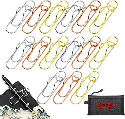 Metal Pencil Clips, 6pcs 3 Colors Heart Pen Clip Metal Pencil Clips Multifunctional Rose Gold Silver Carbon Steel Paperc, Heart Pen Clip for Notebook, for Notebooks and Papers (15PCS)
